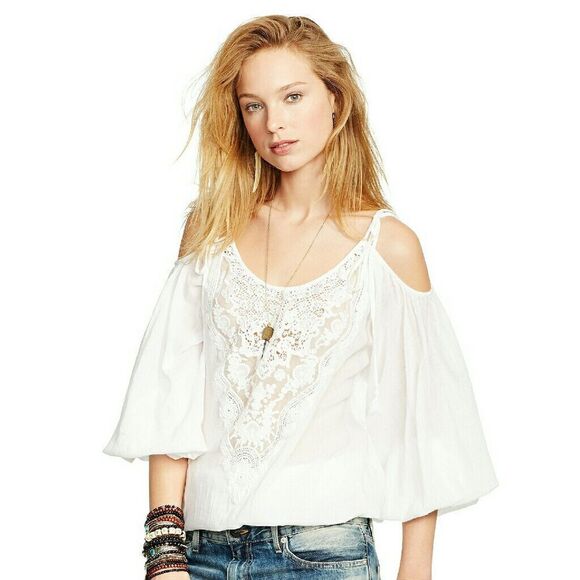 New! RALPH LAUREN DENIM & SUPPLY Lace-trim Cold-shoulder Top Blouse Cotton - Picture 1 of 2
